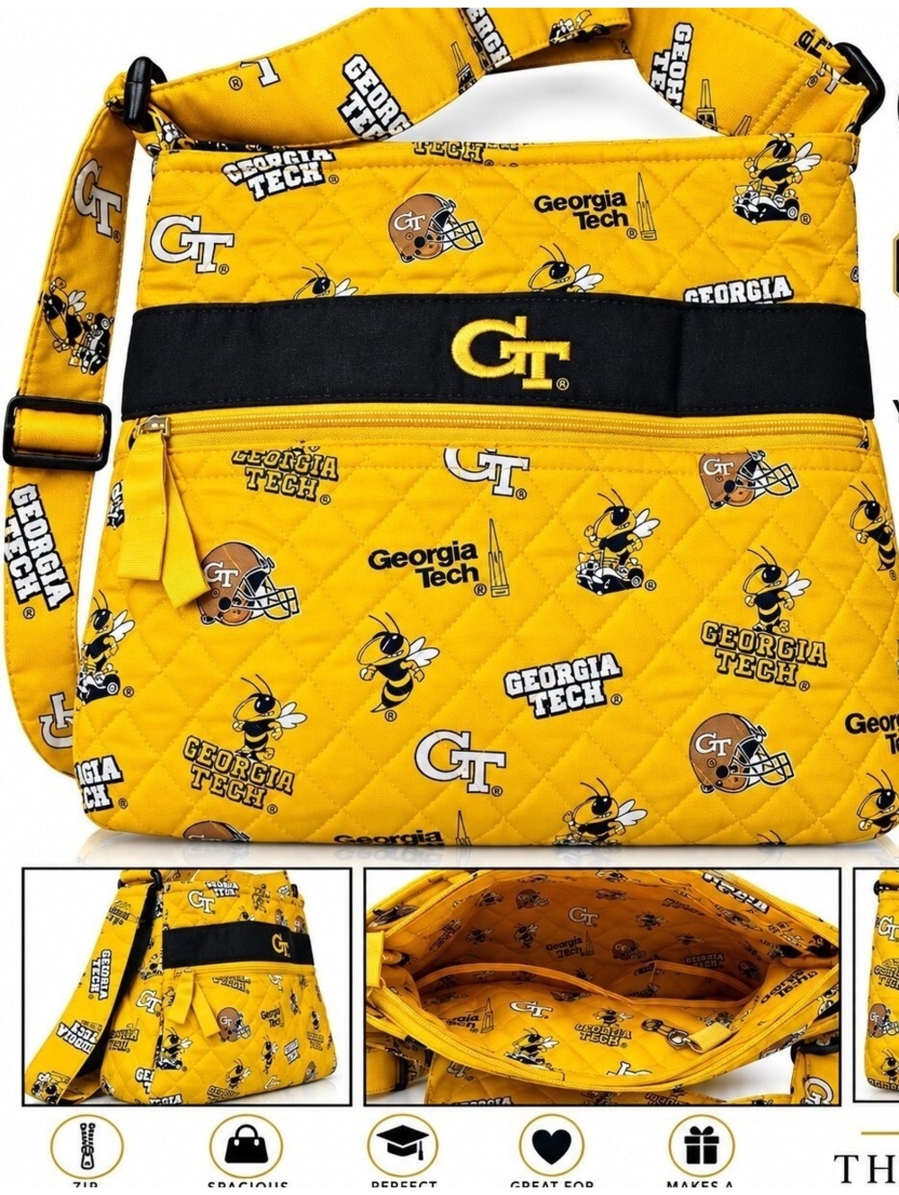 Georgia Tech Yellow Jackets GT Buzz Quilted Shoulder Bag Purse Gold Black
